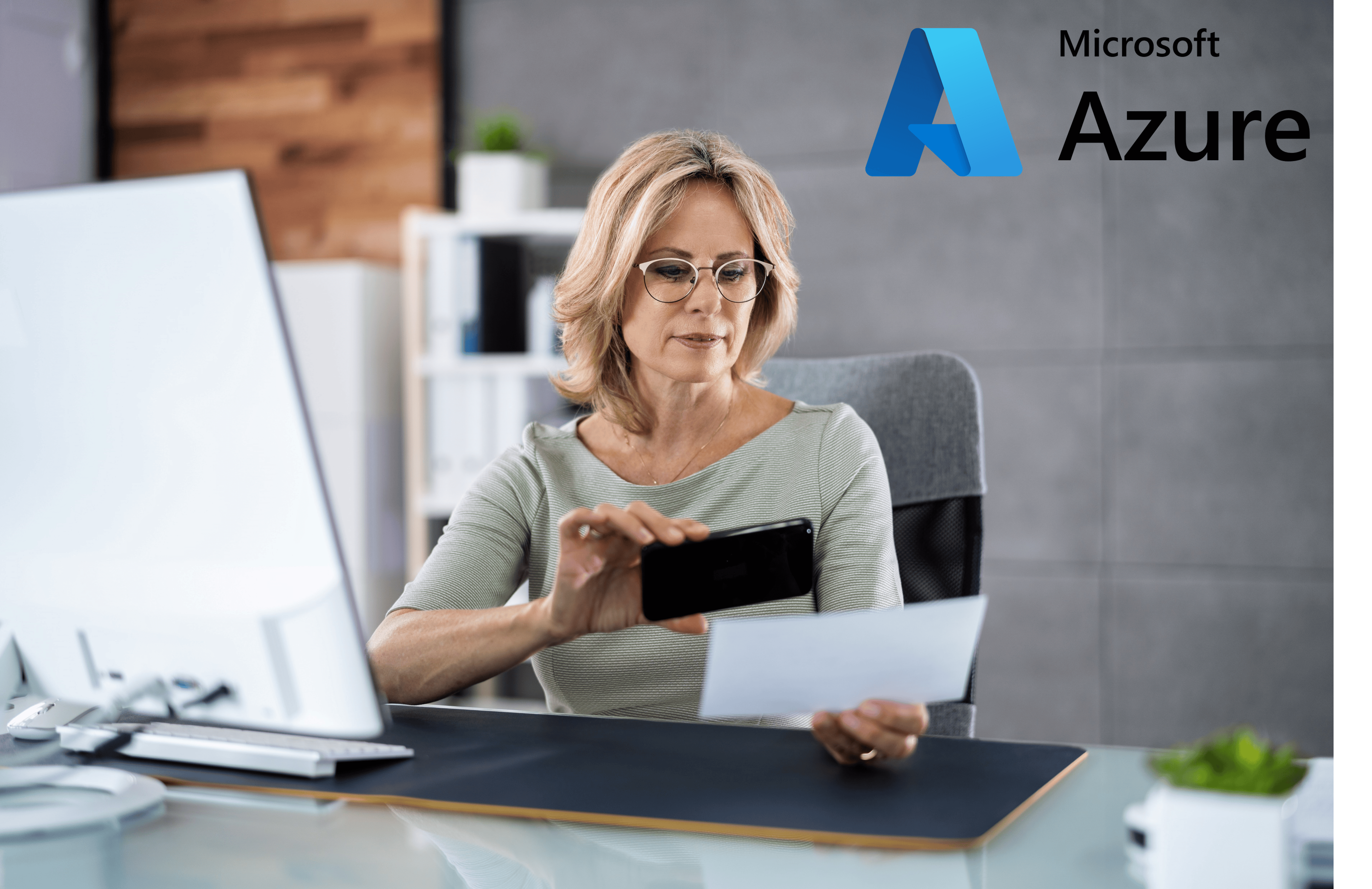 Woman scans a document with Microsoft Azure AI Document Intelligence. Learn how to create apps like that for your business. Take the AI-3002 Create AI Enabled Apps with Azure AI Document Intelligence Solutions class!