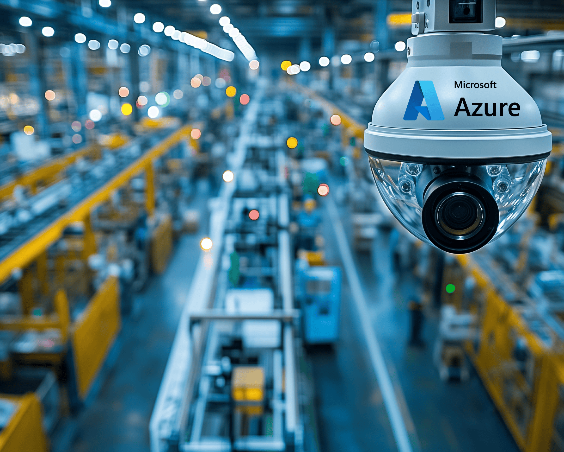 Surveillance camera monitoring a modern factory environment, connected to Microsoft Azure AI Vision, is ensuring safety and efficiency in production processes. Take the Microsoft Azure AI-3004 class.