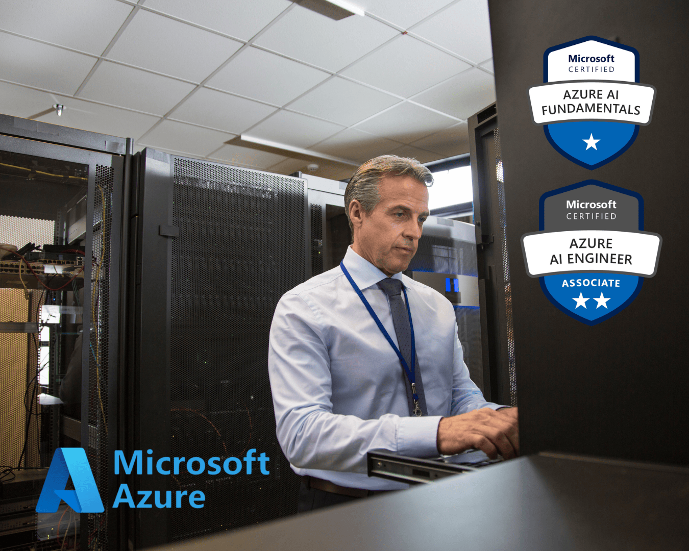 Man working on a server is monitoring the usage of the custom app his team made that is enhanced with Microsoft Azure AI services. The image includes the Microsoft Azure AI logo as well as the Microsoft Certified Azure AI Fundamentals badge and the Microsoft Certified Azure AI Engineer Associate badge.