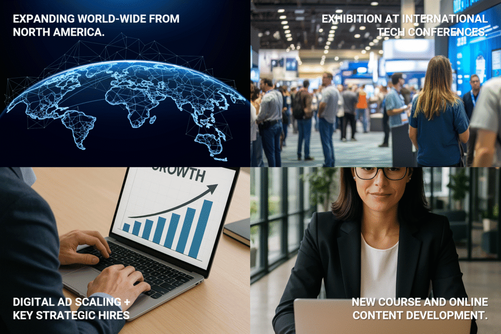 Image features a digital globe highlighting our expansion world-wide, a tech conference typical of where we will be exhibiting, a man working at a laptop depicting digital ad scaling and strategic hires for growth, and a woman at a laptop developing new courses and online content.